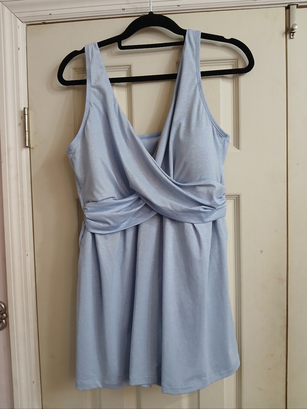 LANDS END SlenderSuit Size  16  blue Shine Wrap Slimming Swim Dress Swimsuit
